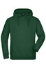 A green hooded sweatshirt featuring a front pocket and drawstrings, with a logo on the label.