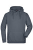 A grey hooded sweatshirt with a front pocket and drawstrings, featuring a branded label inside.