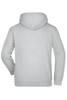 A grey hooded sweatshirt featuring a back view, with a plain design and a logo.