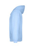 A light blue hooded sweatshirt featuring a hood and front pockets, with a logo on it.