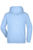 A light blue hooded sweatshirt with a back view, featuring a simple design and one branding logo.