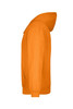 An orange hooded sweatshirt with a kangaroo pocket and a hood, featuring a logo on the front.