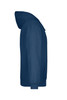 A navy blue hooded sweatshirt featuring a side view, with a hood and long sleeves. It has a logo on the front.