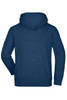 A hooded sweatshirt in navy blue, featuring a plain back and long sleeves. Includes a branding logo.