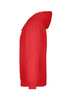A red hooded sweatshirt with a side view. The hoodie has a front zipper and features a logo.