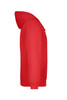 A red hooded sweatshirt features a spacious hood and a side view showcasing its sleek design.