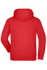 A red hooded sweatshirt with a large hood and a plain back, featuring a logo.
