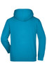 A hooded sweatshirt in a vibrant blue colour, featuring a logo. The back view highlights the hood and cuffs.