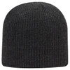 A black rib knit beanie with a snug fit and vertical ribbing, featuring a logo on the side.