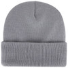 A classic grey knit beanie with a folded cuff and a smooth texture. Features a logo.