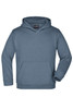 A blue hooded sweatshirt with a front pocket and a logo. Suitable for juniors.