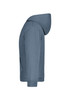 A grey hooded sweatshirt from the side, featuring a large hood and long sleeves. The design includes a branding logo.
