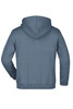 A hooded junior sweatshirt in a blue shade with a plain back and a hood. It features branding on the back.