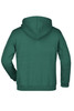 A green hooded sweatshirt with a large back pocket and a logo on the front.