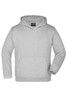 A grey hooded sweatshirt with a front pocket and a logo on the label.