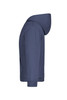 A navy hooded sweatshirt with a side view, featuring a hood and long sleeves. It has a logo on the front.