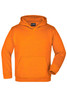 An orange hooded sweatshirt featuring a front pocket and a branding logo on the neckline.