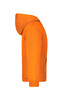 An orange hooded sweatshirt, featuring a hood and long sleeves. The garment includes a logo.