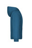 A blue hooded sweatshirt with a side view featuring a hood and long sleeves. Includes a branding logo.