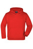 A red hooded sweatshirt with a front pocket and a logo on the label. Suitable for juniors.