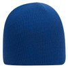 A blue knit beanie with a ribbed texture and a plain design. It features a logo on the side.