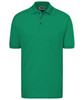 A green polo shirt with a collar, short sleeves, and a logo on the chest.