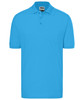 A bright blue classic polo shirt with a collar and buttons, featuring a branding logo.