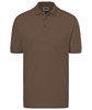A brown polo shirt featuring a collared neckline and short sleeves, with branding on the label.