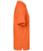 An orange polo shirt displayed from the side, featuring a collar and short sleeves. The shirt has a logo on it.