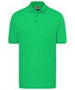 A short-sleeved polo shirt in bright green, featuring a collar and three buttons, with a logo on the chest.