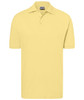 A yellow polo shirt with a collared neckline and short sleeves, featuring a logo on the chest.