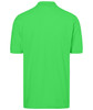 A green polo shirt featuring a collar and short sleeves, with a logo on the back.