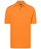 An orange polo shirt with a classic design, featuring a collar and short sleeves. It has a logo on the chest.