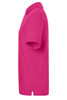 A pink classic polo shirt with short sleeves and a collar, featuring a logo on the fabric.