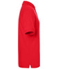A red polo shirt displayed from the side, featuring a collar and short sleeves, with a logo present.