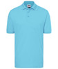 A light blue classic polo shirt featuring a collar and three-buttons placket, with a logo on the chest.
