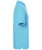 A side view of a classic polo shirt in a light blue colour, featuring a collar and short sleeves, with a logo.