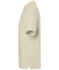 A beige classic polo shirt featuring short sleeves and a collar. It includes a logo on the chest.