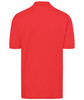 A red polo shirt featuring a collar and short sleeves, with a branding logo on the back.
