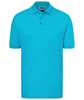 A turquoise polo shirt with a classic design, featuring a collar and three-button placket. Includes a logo.