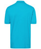 A turquoise polo shirt with short sleeves, featuring a branded logo on the back.