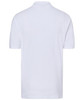 A white polo shirt with short sleeves, featuring a plain design and a logo on the chest.