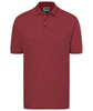 A maroon classic polo shirt with a collar and three buttons, featuring a logo on the chest.