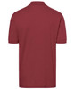 A maroon polo shirt with short sleeves, featuring a collar and a logo. The back view is displayed.