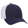 A navy blue and white 6 Panel Low Profile Trucker Cap with a mesh back and a solid front panel.