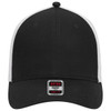 A black and white low profile baseball cap with a six-panel design and a logo on the front.