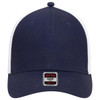 A navy blue baseball cap with a low profile, featuring white mesh panels and a logo on the front.