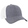 A grey and white low profile baseball cap with a six-panel design and a mesh back. It features a logo.