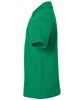 A green polo shirt featuring short sleeves and a collar, with a logo present on the fabric.