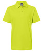 A bright yellow polo shirt with a classic collar and short sleeves, featuring a logo.